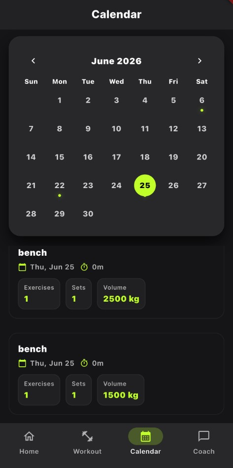 SynapLift workout calendar and history