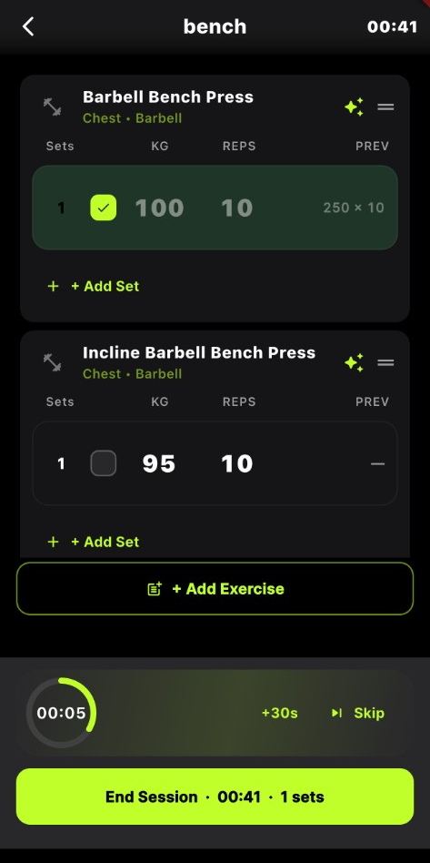 SynapLift active workout logging screen