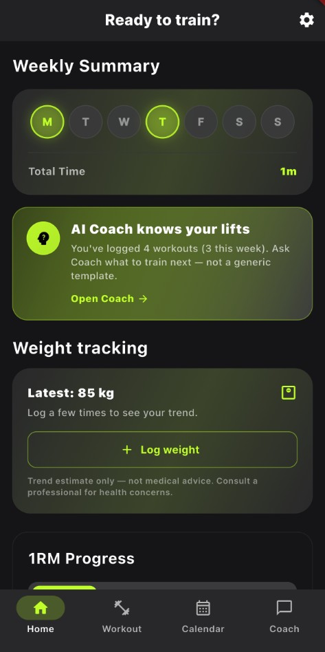 SynapLift home screen showing weekly summary and AI Coach